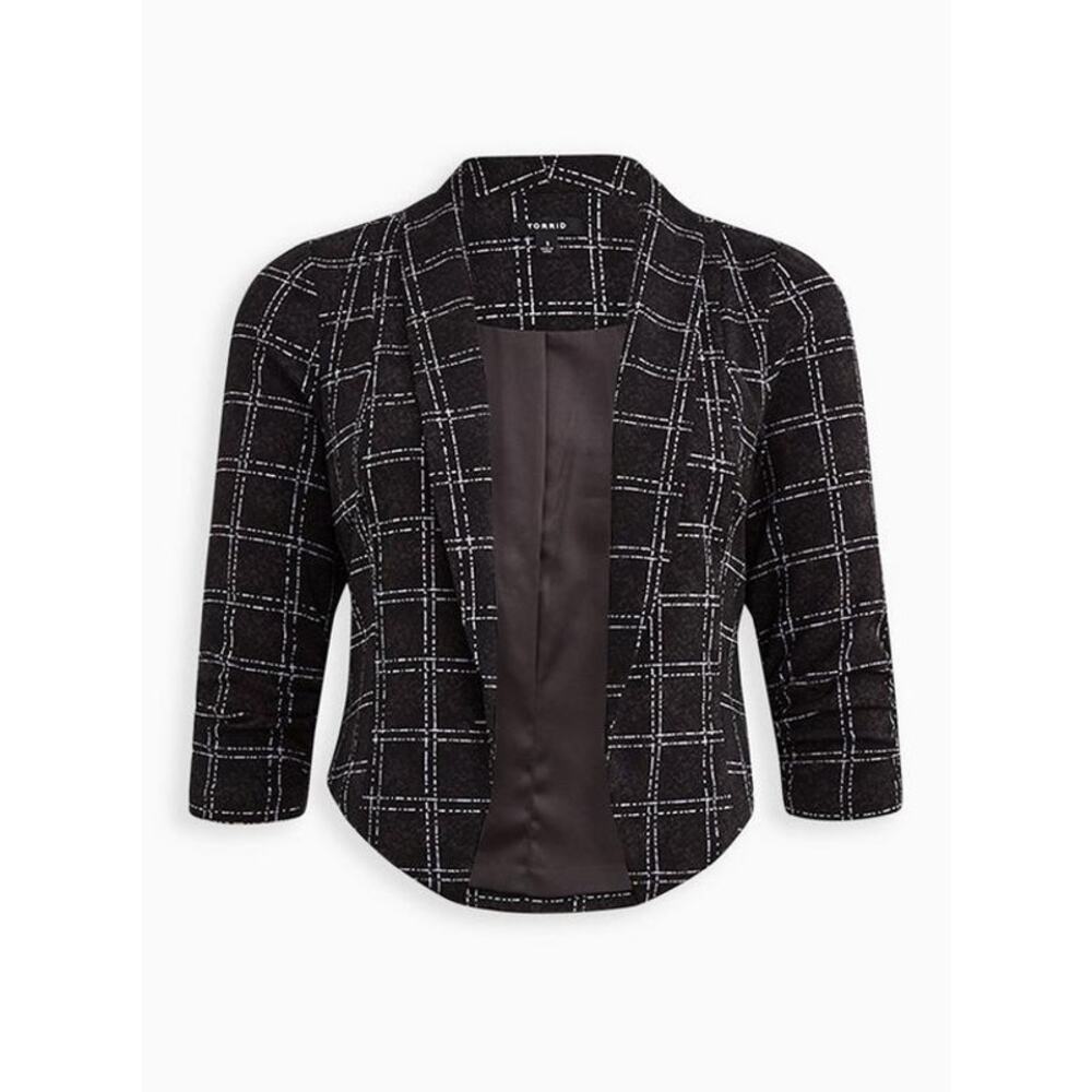 Torrid Size 3 Black Plaid Crepe Ruched Sleeve Open Front Blazer Career Jacket
